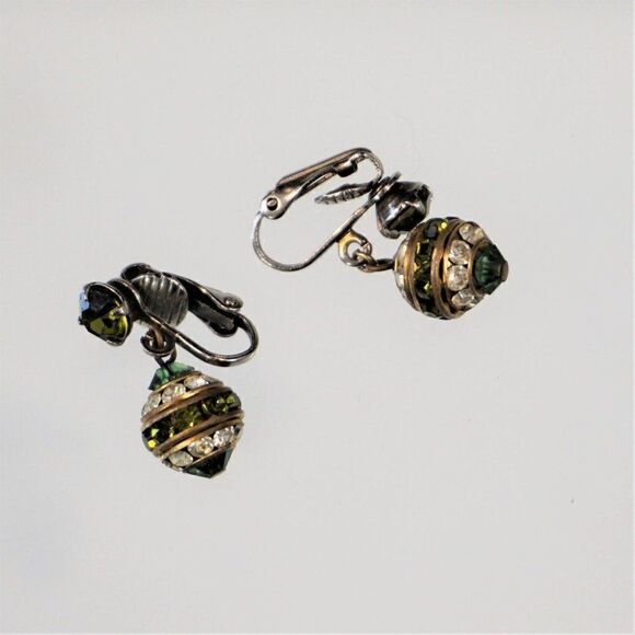 Vintage Egg Shape Clip-On Earrings Green Glass And Sparkling Rhinestones - Picture 3 of 6
